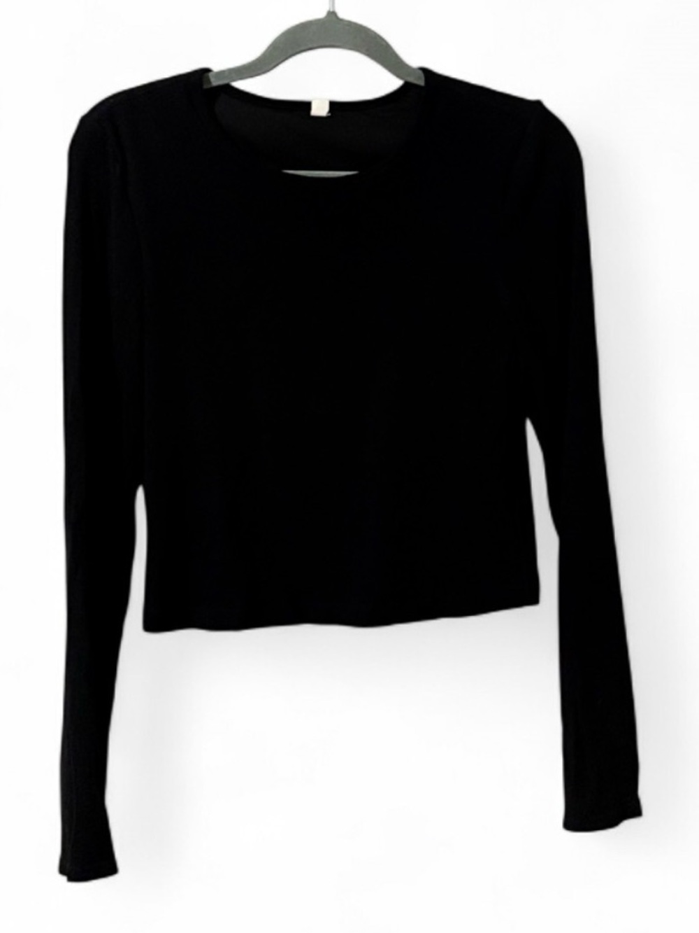 Black Long Sleeve Crop Top Built In Bra Shelf Bra Stretch Fitted Top XL